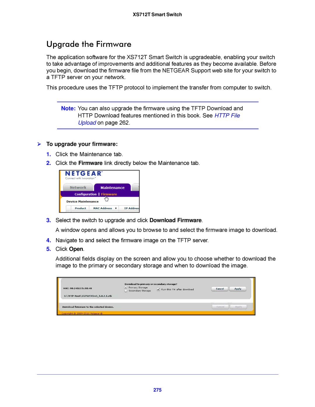 NETGEAR XS712T-100NES manual Upgrade the Firmware,  To upgrade your firmware, 275 