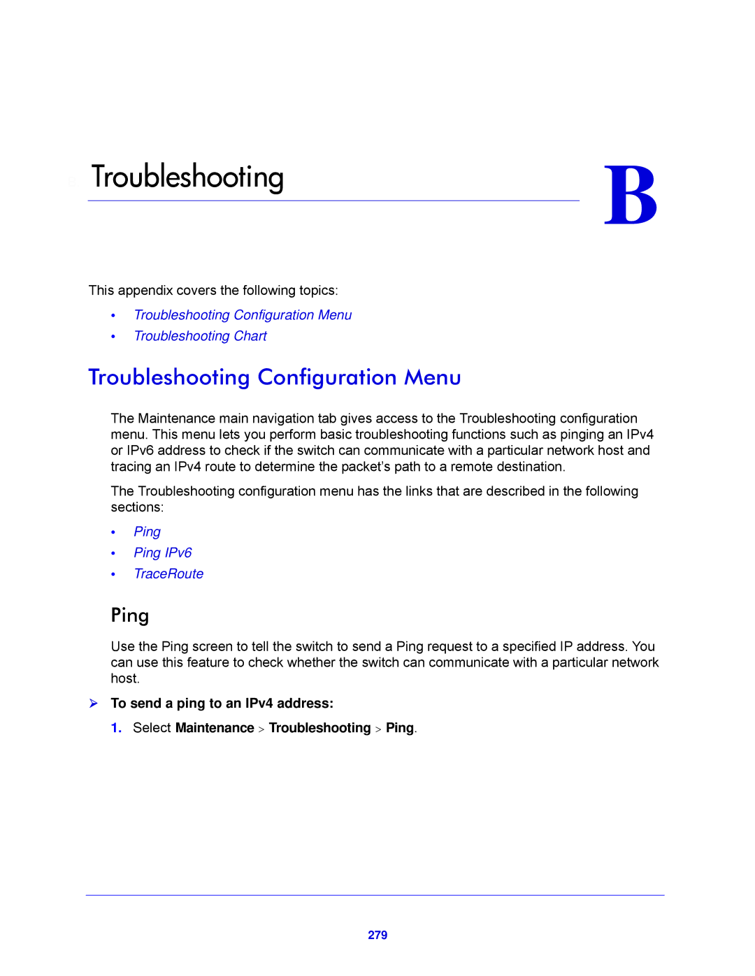 NETGEAR XS712T-100NES manual Troubleshooting Configuration Menu, Ping, 279 