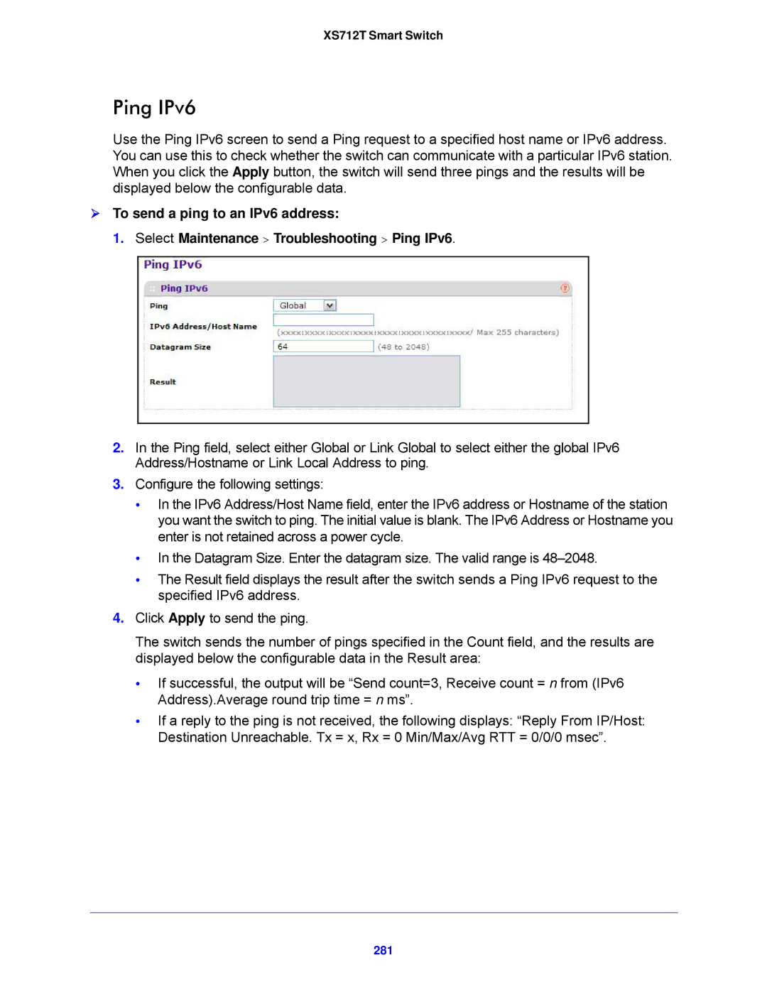 NETGEAR XS712T-100NES manual Ping IPv6, 281 