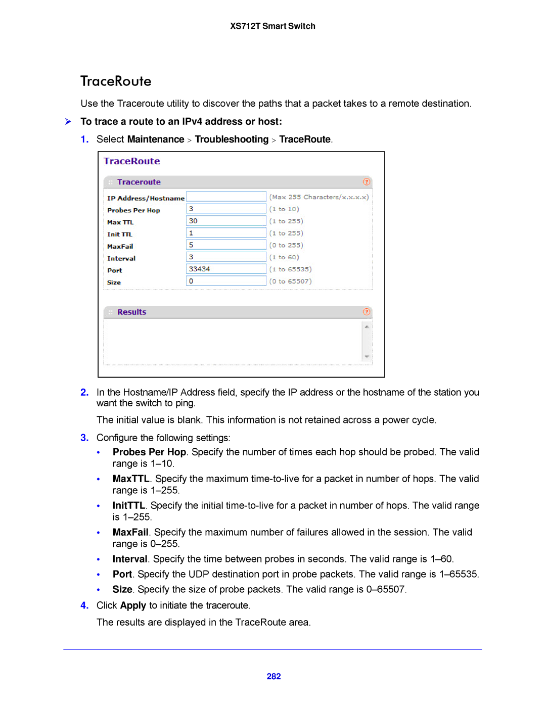 NETGEAR XS712T-100NES manual TraceRoute, 282 