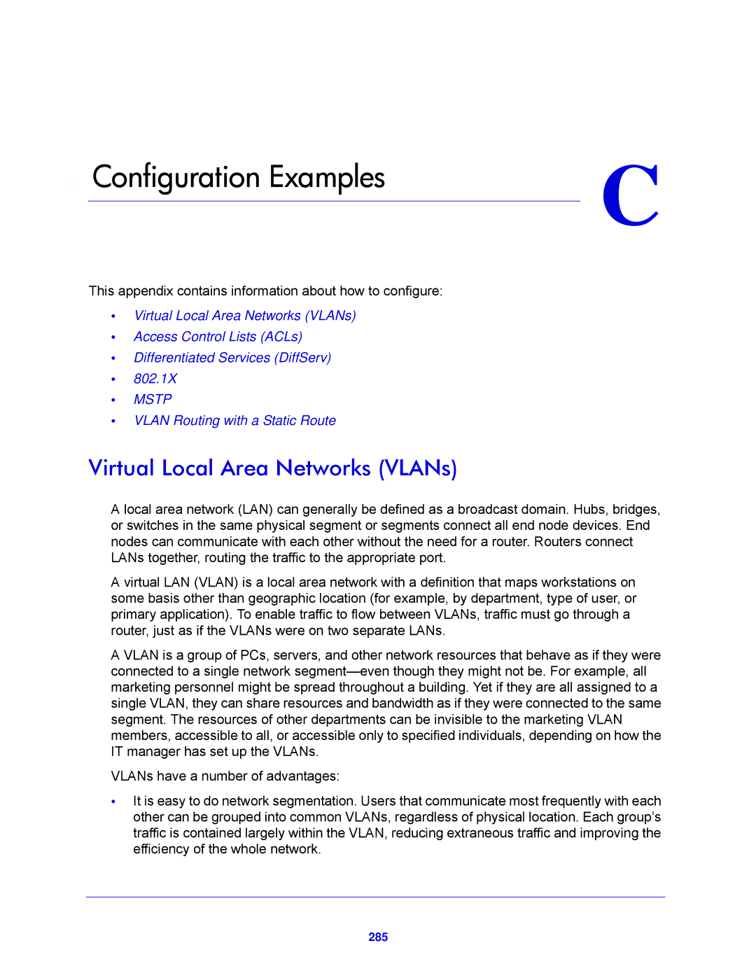 NETGEAR XS712T-100NES manual Virtual Local Area Networks VLANs, 285 