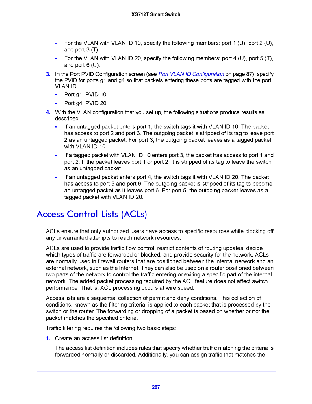 NETGEAR XS712T-100NES manual Access Control Lists ACLs, 287 