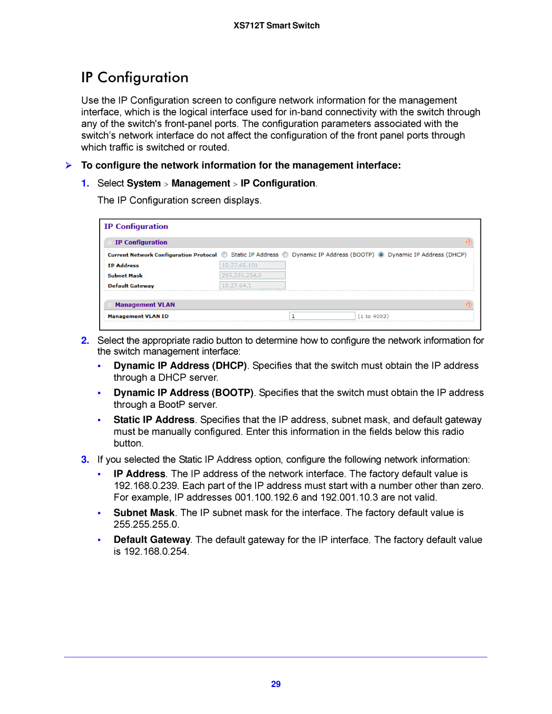 NETGEAR XS712T-100NES manual IP Configuration 