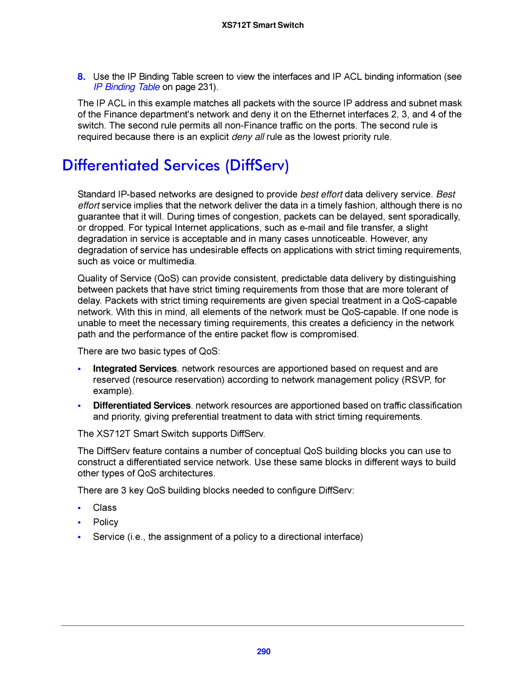 NETGEAR XS712T-100NES manual Differentiated Services DiffServ, 290 