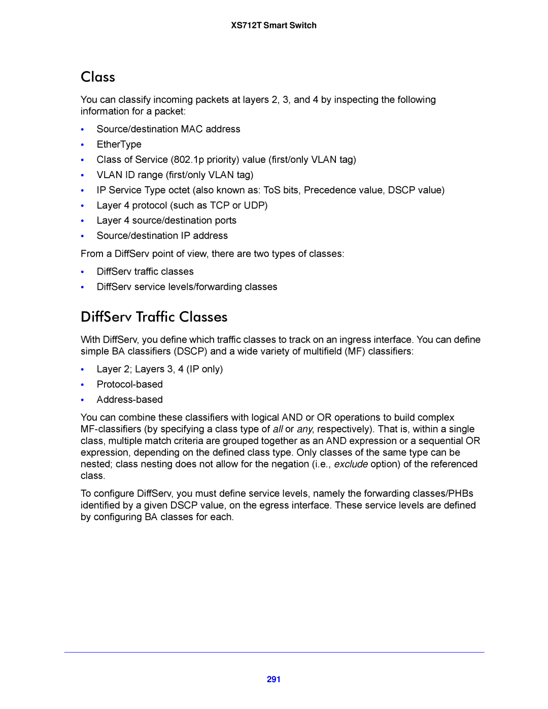 NETGEAR XS712T-100NES manual DiffServ Traffic Classes, 291 