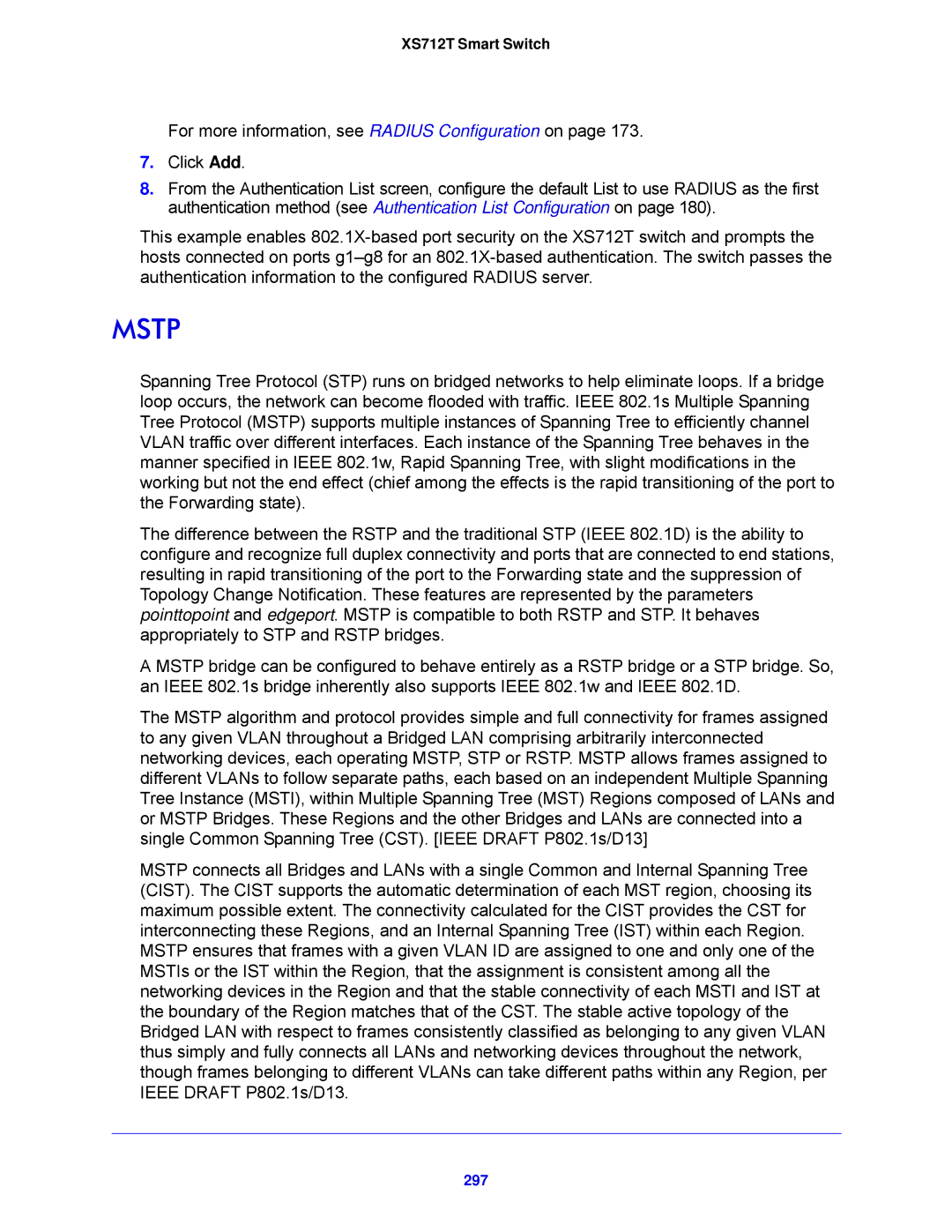 NETGEAR XS712T-100NES manual Mstp, 297 