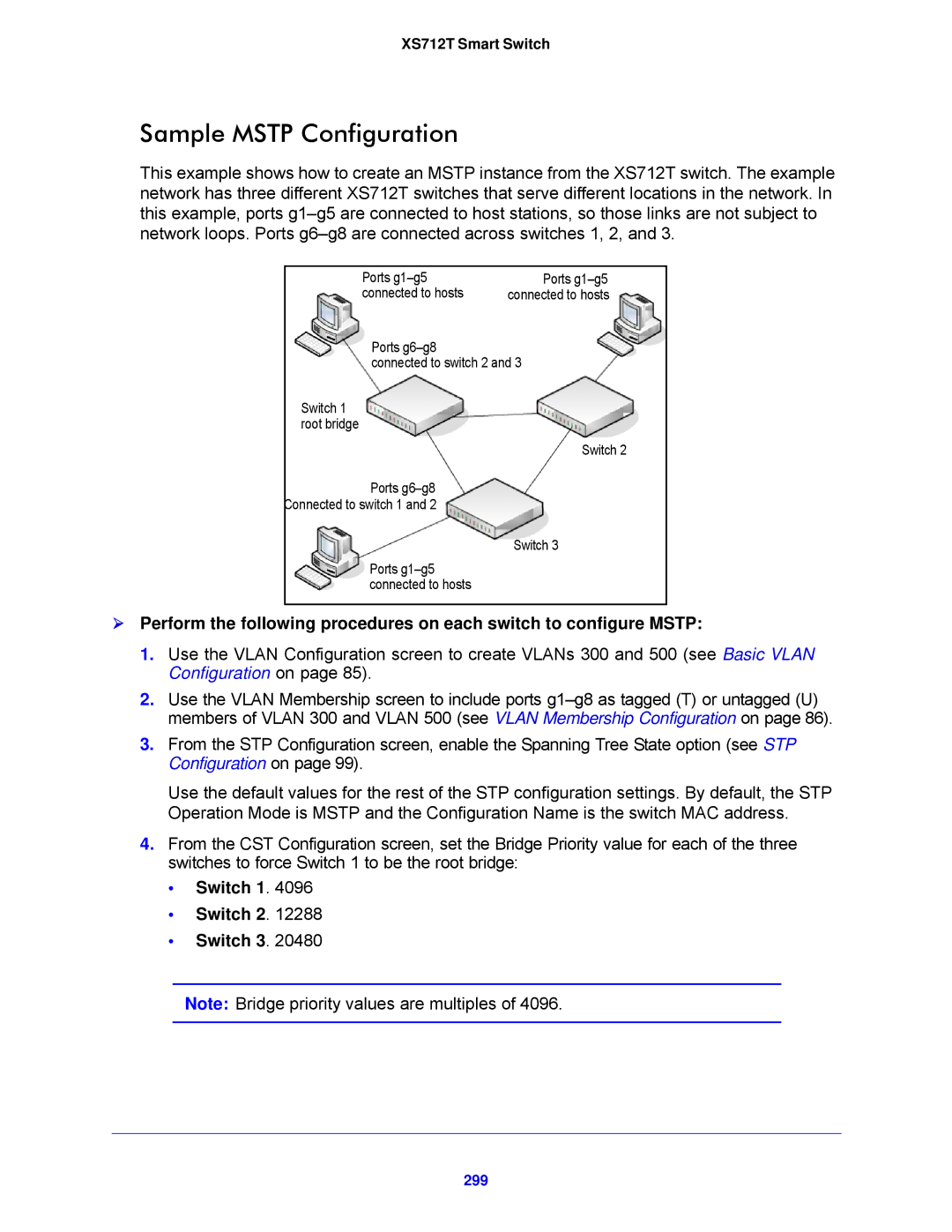 NETGEAR XS712T-100NES manual Sample Mstp Configuration, Switch 1 Switch 2 Switch 3, 299 