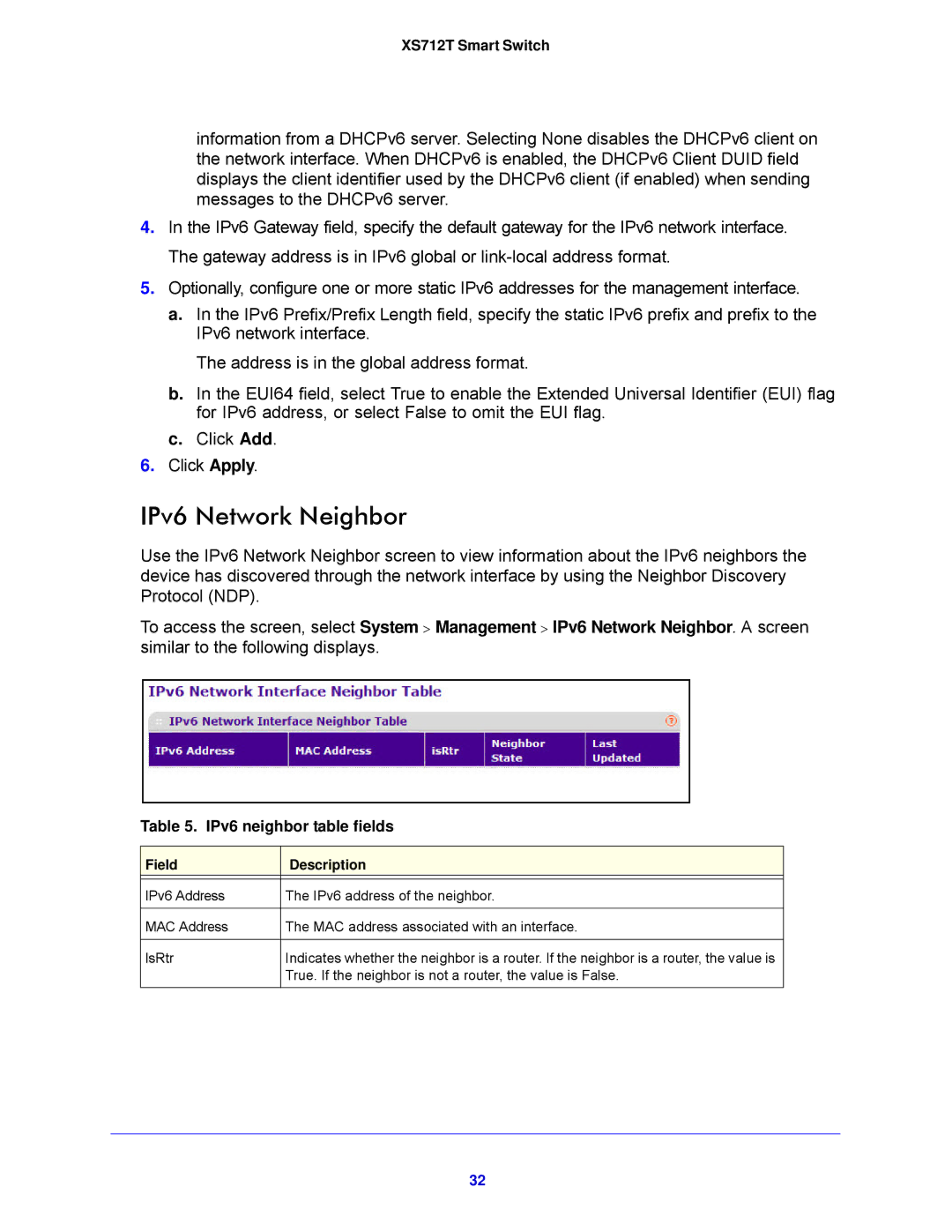 NETGEAR XS712T-100NES manual IPv6 Network Neighbor, IPv6 neighbor table fields 