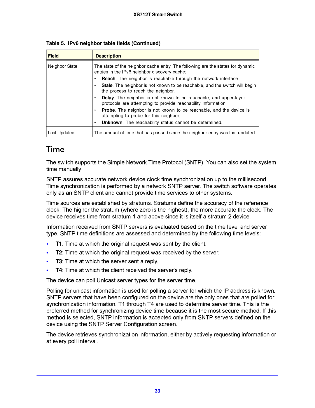 NETGEAR XS712T-100NES manual Time, XS712T Smart Switch IPv6 neighbor table fields 