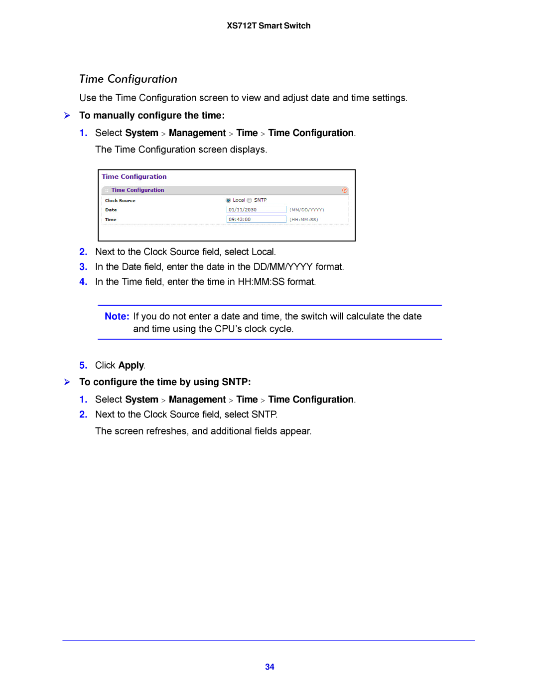 NETGEAR XS712T-100NES Time Configuration,  To manually configure the time 