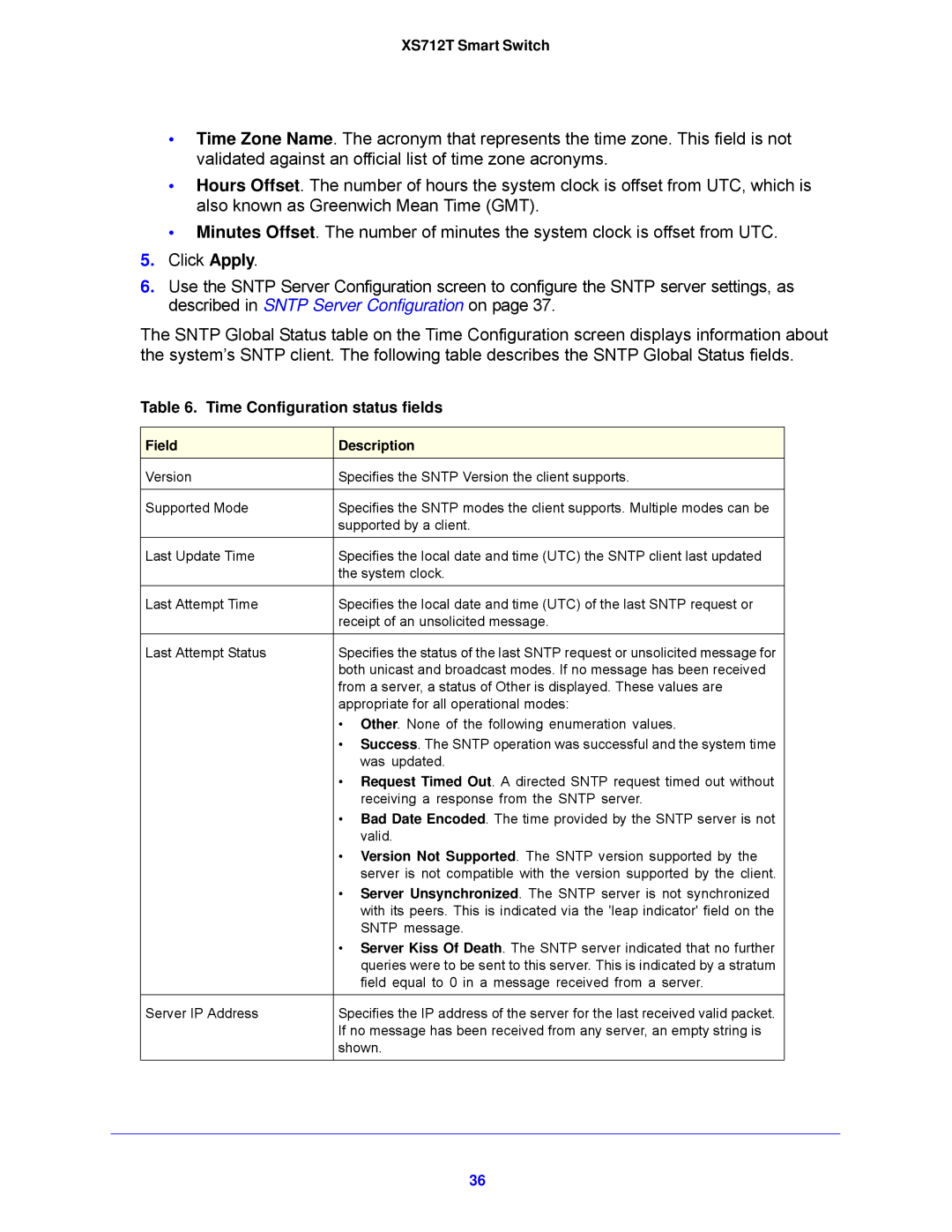 NETGEAR XS712T-100NES manual Time Configuration status fields 