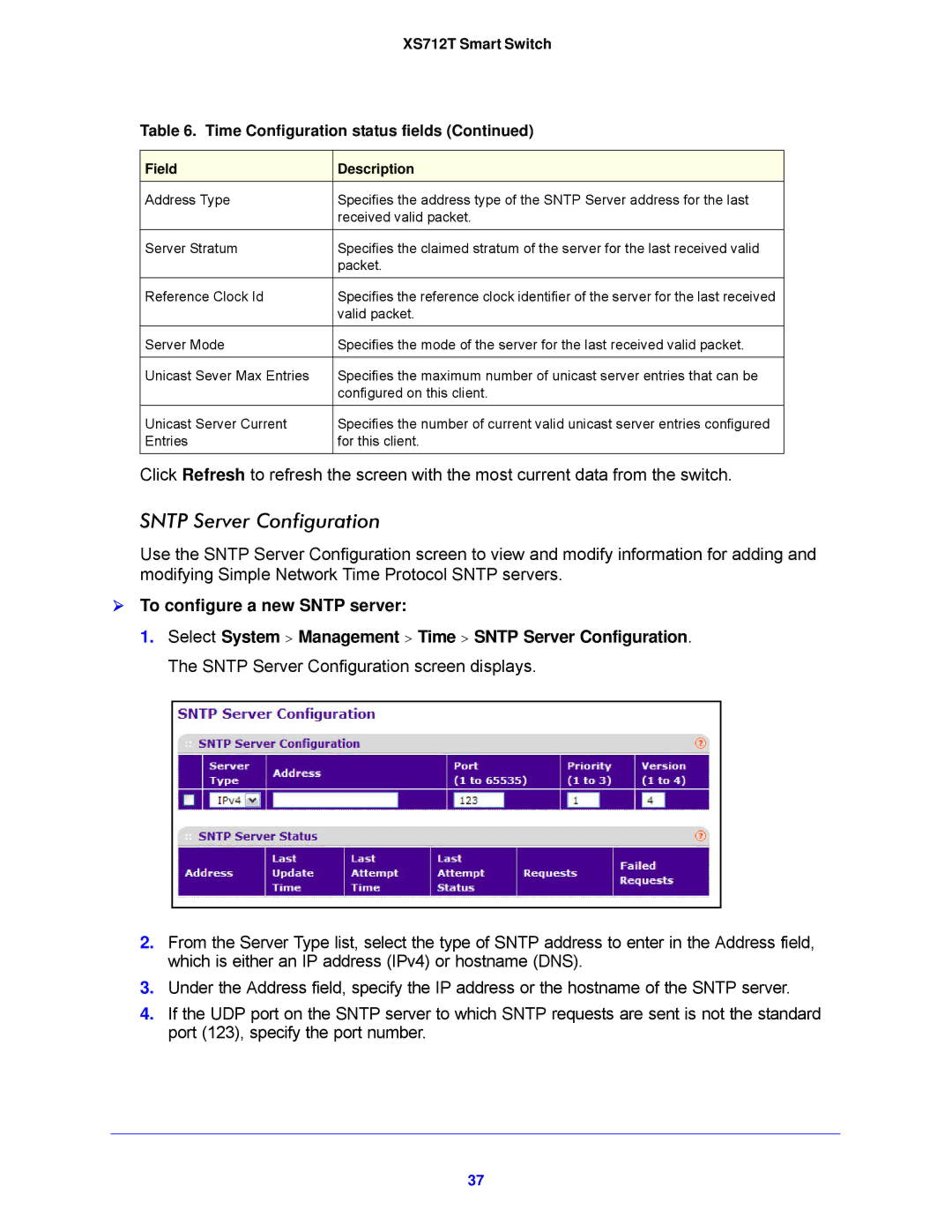 NETGEAR XS712T-100NES manual Sntp Server Configuration,  To configure a new Sntp server 