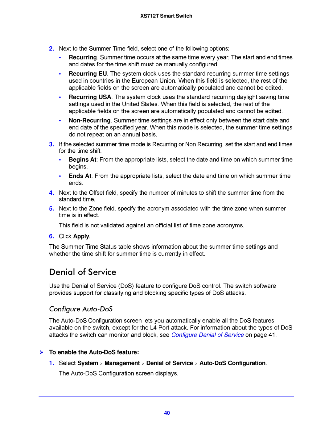 NETGEAR XS712T-100NES manual Denial of Service, Configure Auto-DoS,  To enable the Auto-DoS feature 