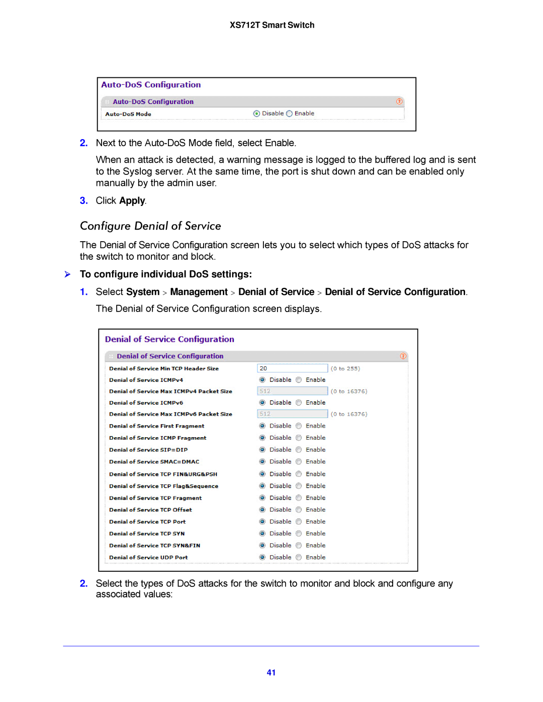 NETGEAR XS712T-100NES manual Configure Denial of Service,  To configure individual DoS settings 