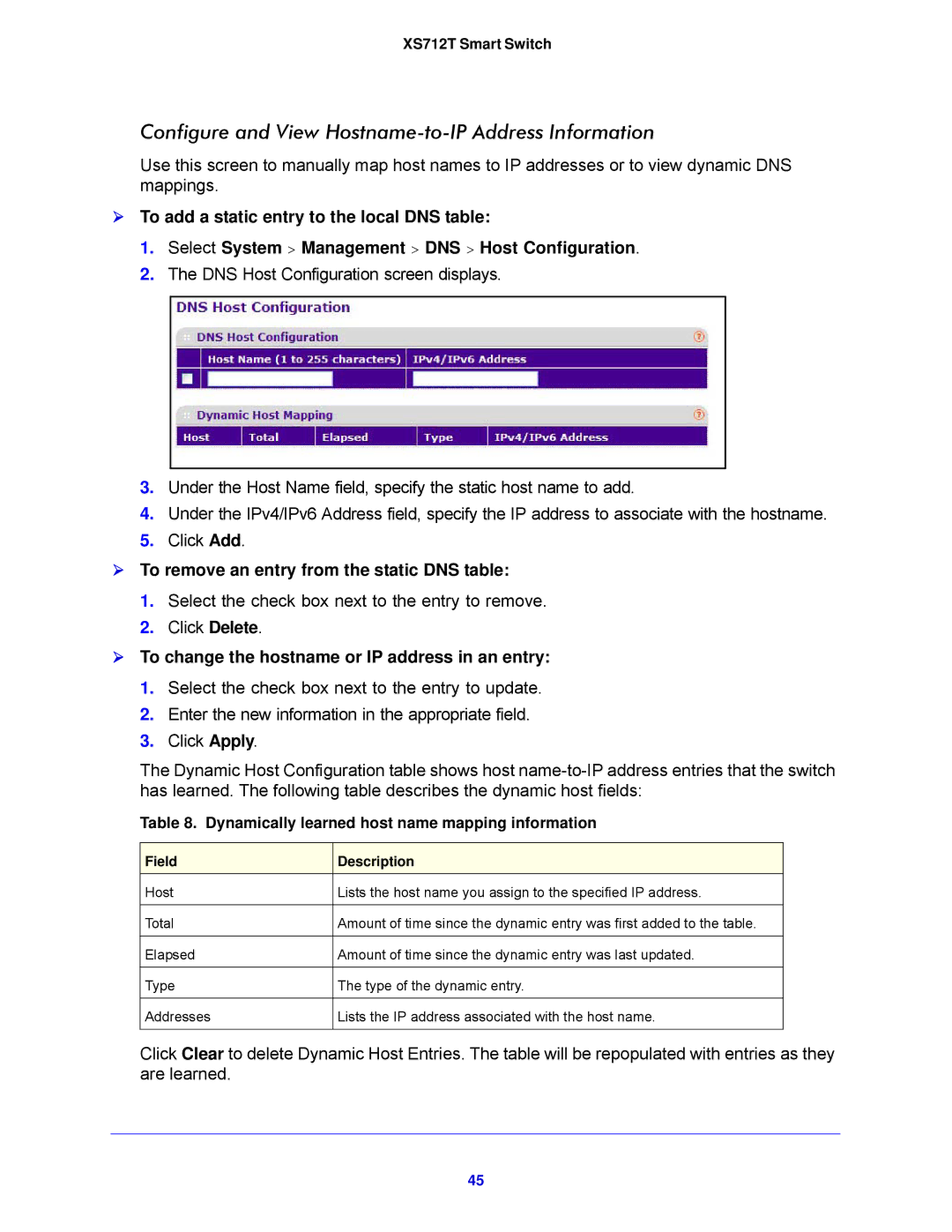 NETGEAR XS712T-100NES manual Configure and View Hostname-to-IP Address Information 