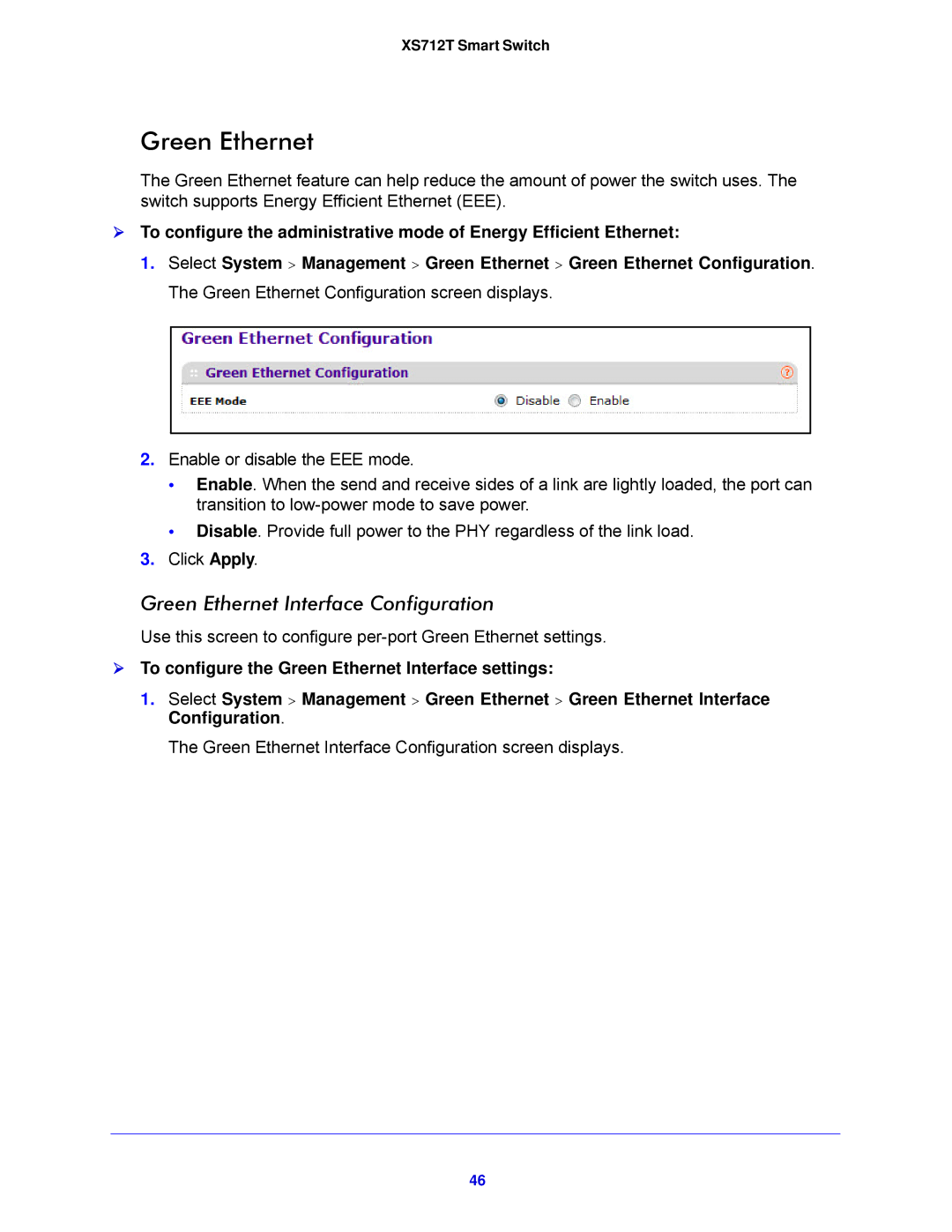 NETGEAR XS712T-100NES manual Green Ethernet Interface Configuration 