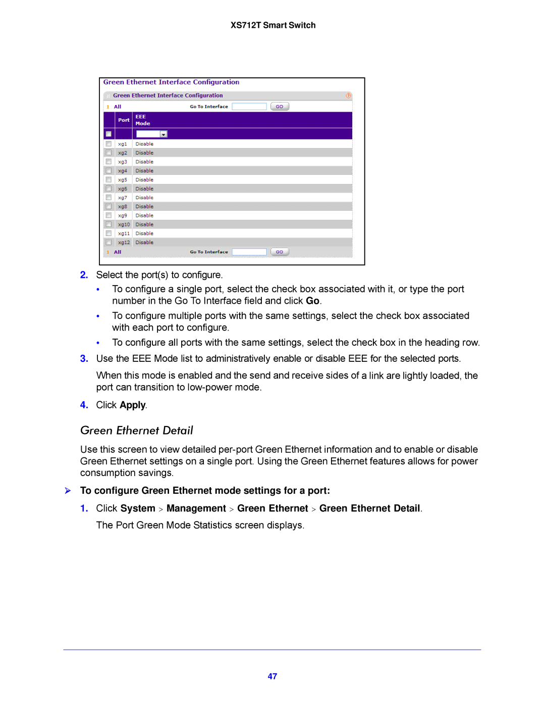 NETGEAR XS712T-100NES manual Green Ethernet Detail,  To configure Green Ethernet mode settings for a port 