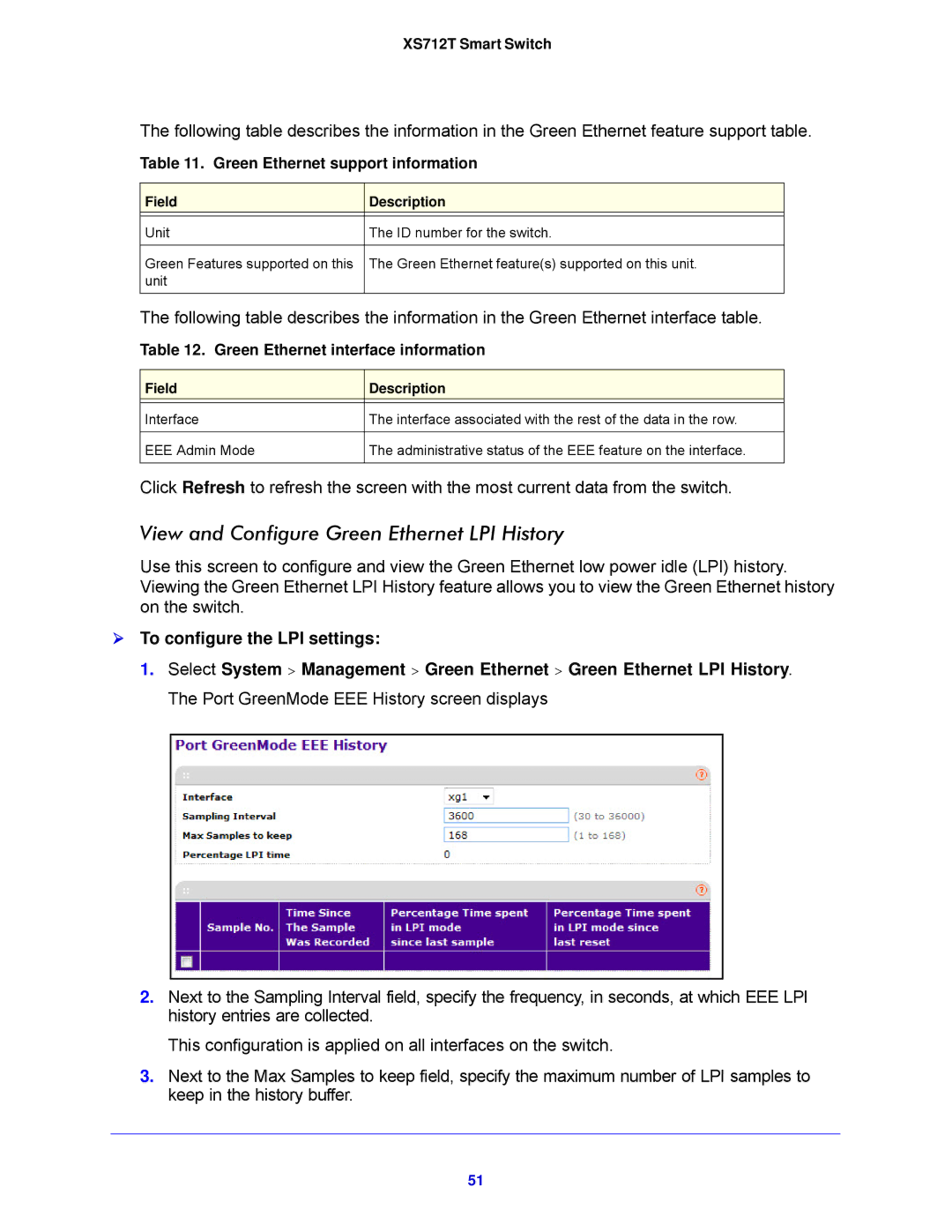 NETGEAR XS712T-100NES manual View and Configure Green Ethernet LPI History,  To configure the LPI settings 