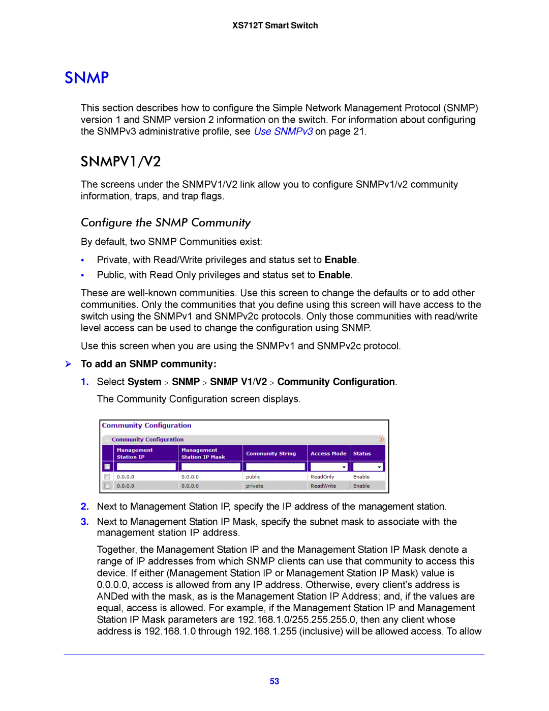 NETGEAR XS712T-100NES manual Configure the Snmp Community,  To add an Snmp community 