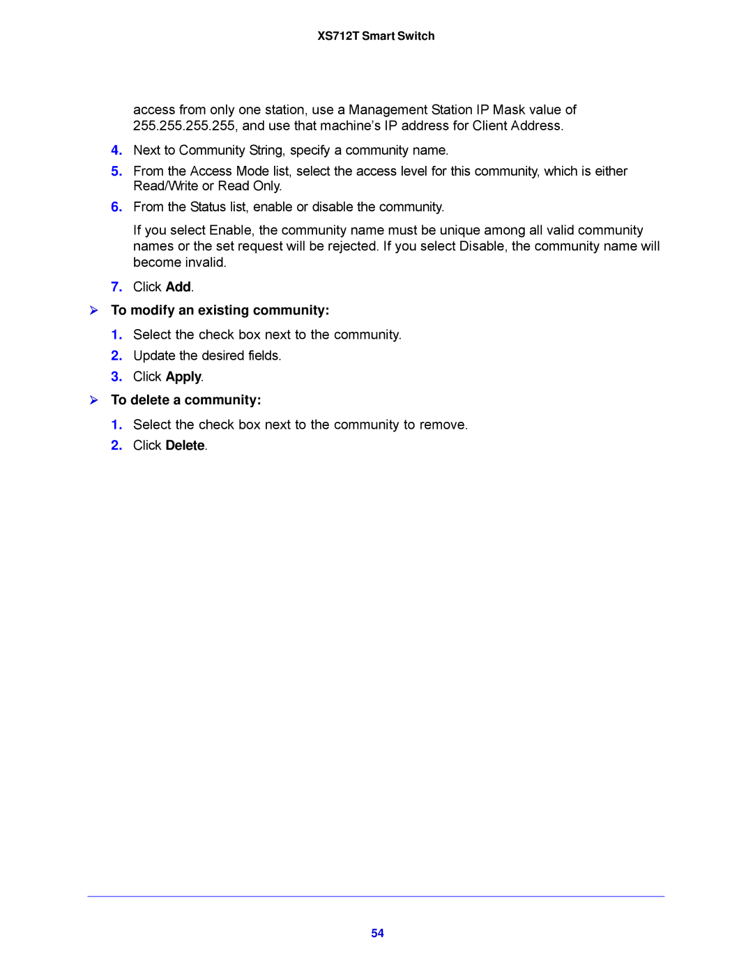 NETGEAR XS712T-100NES manual  To modify an existing community,  To delete a community 