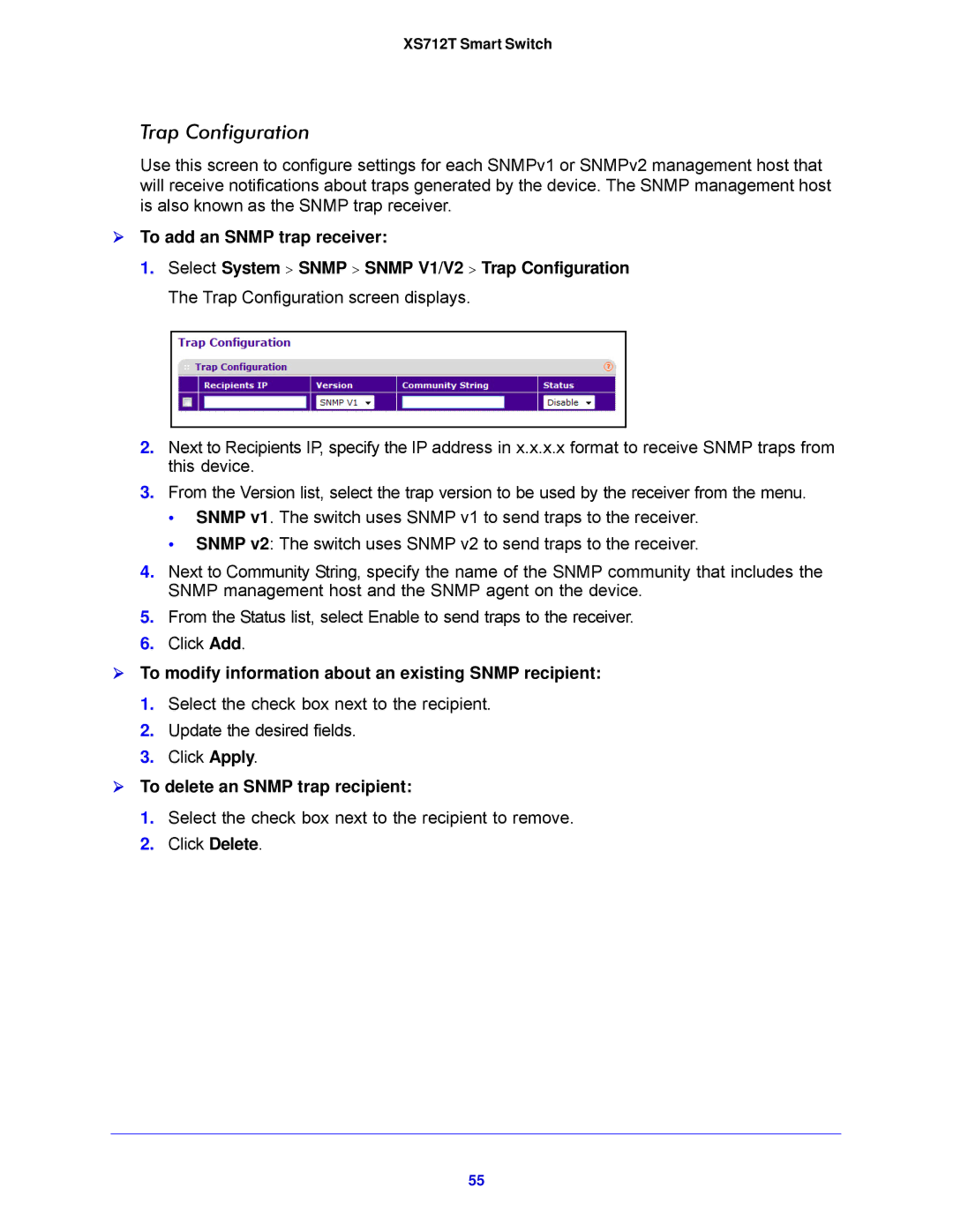 NETGEAR XS712T-100NES manual Trap Configuration,  To add an Snmp trap receiver,  To delete an Snmp trap recipient 