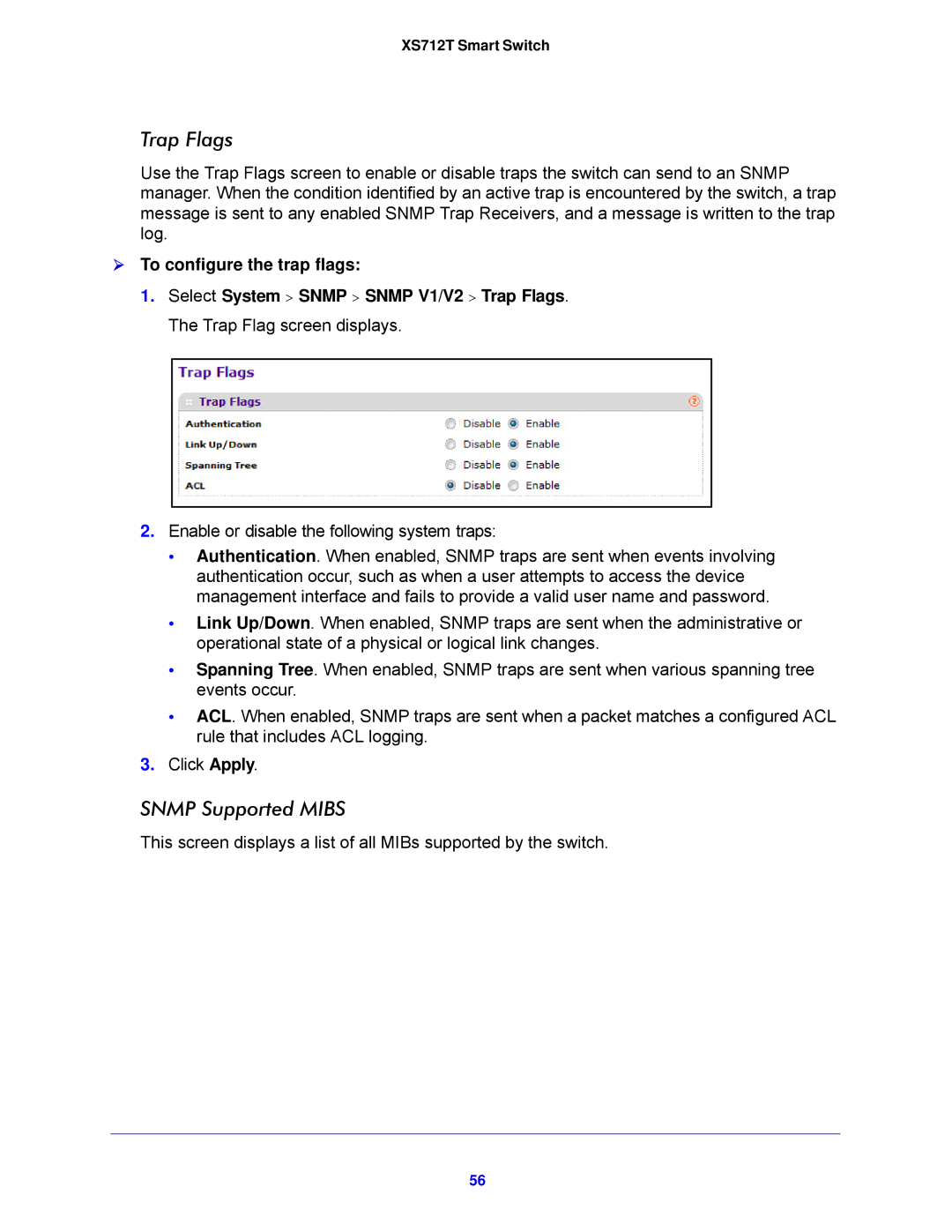 NETGEAR XS712T-100NES manual Trap Flags, Snmp Supported Mibs,  To configure the trap flags 