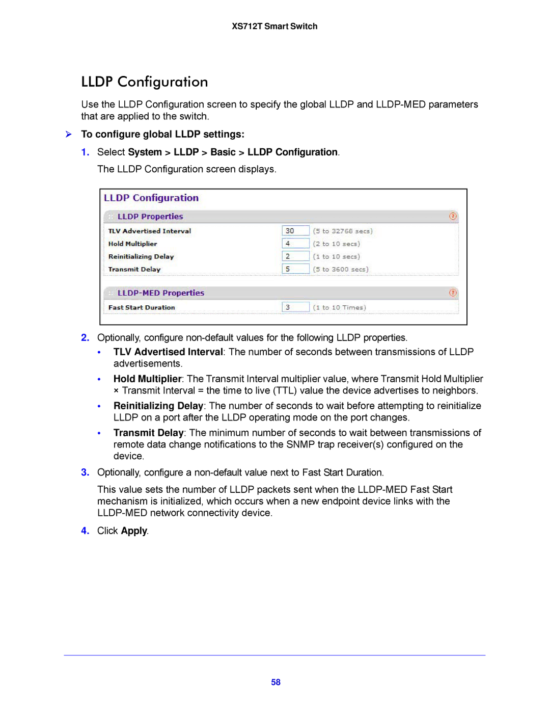 NETGEAR XS712T-100NES manual Lldp Configuration,  To configure global Lldp settings 