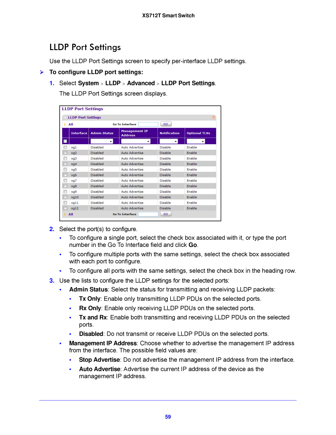 NETGEAR XS712T-100NES manual Lldp Port Settings,  To configure Lldp port settings 