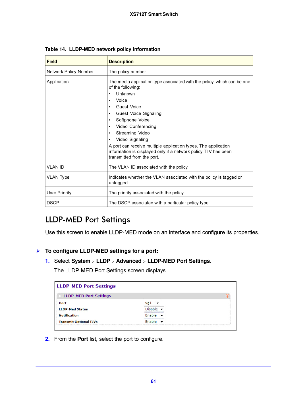 NETGEAR XS712T-100NES manual LLDP-MED Port Settings,  To configure LLDP-MED settings for a port 