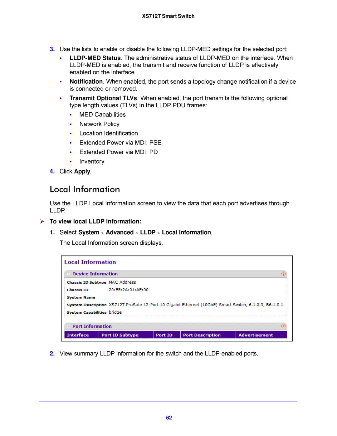 NETGEAR XS712T-100NES manual Local Information,  To view local Lldp information 