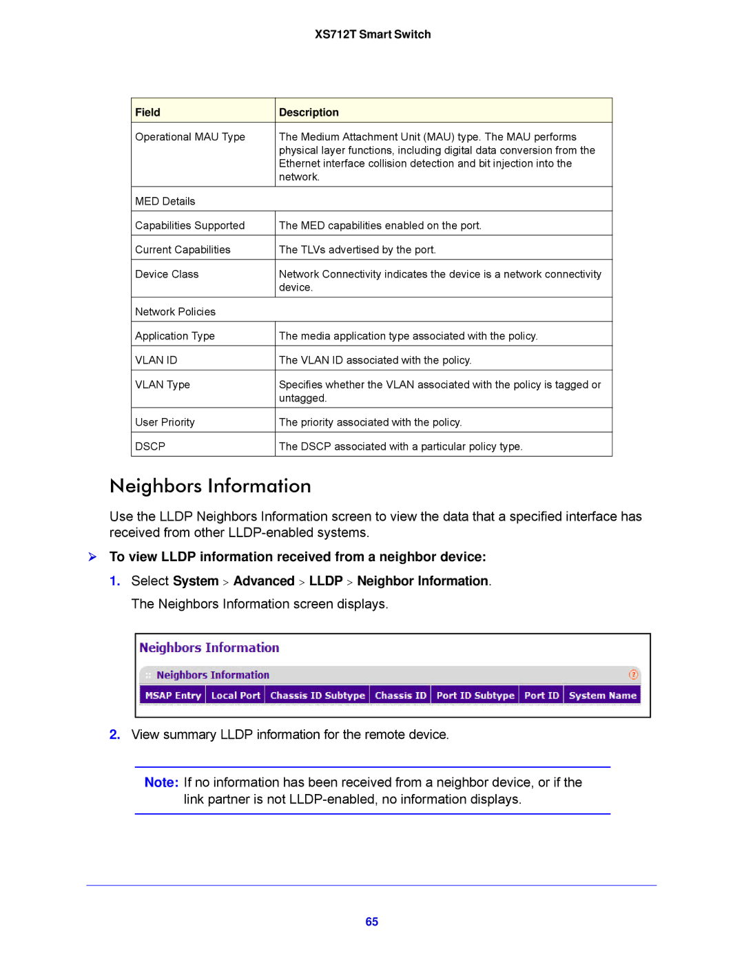 NETGEAR XS712T-100NES manual Neighbors Information,  To view Lldp information received from a neighbor device 