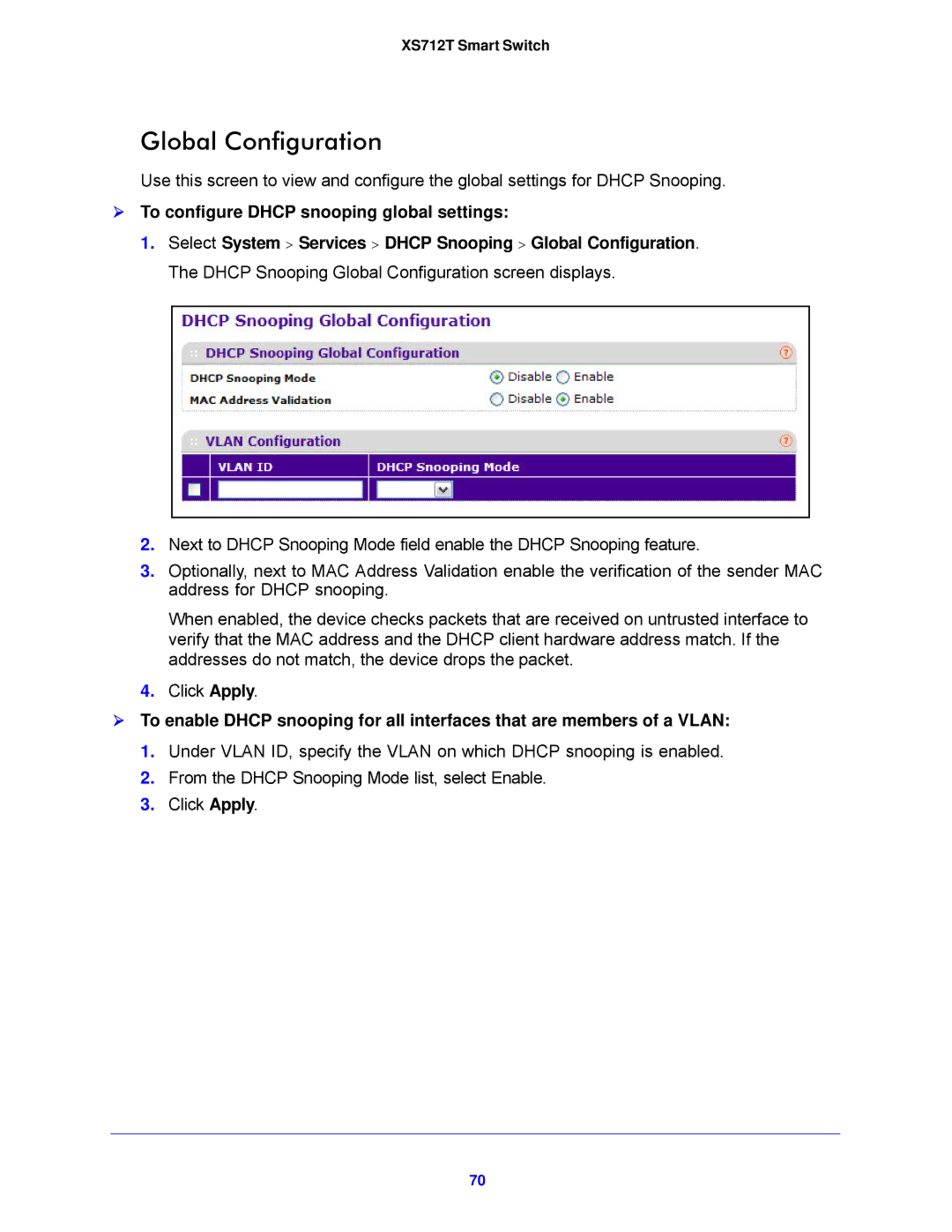 NETGEAR XS712T-100NES manual Global Configuration,  To configure Dhcp snooping global settings 