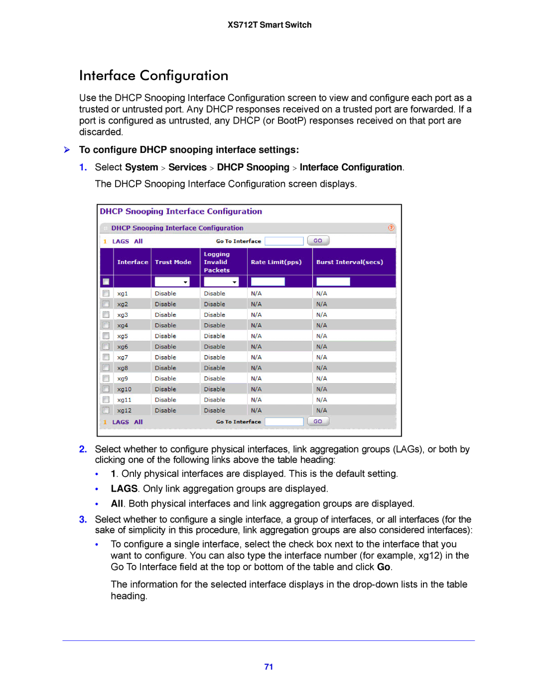 NETGEAR XS712T-100NES manual Interface Configuration,  To configure Dhcp snooping interface settings 