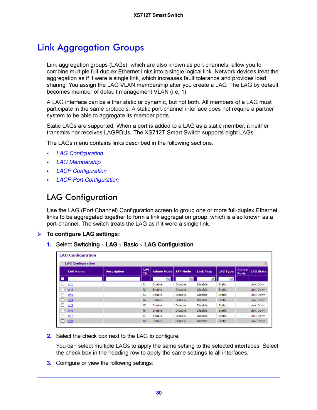 NETGEAR XS712T-100NES manual Link Aggregation Groups, LAG Configuration 