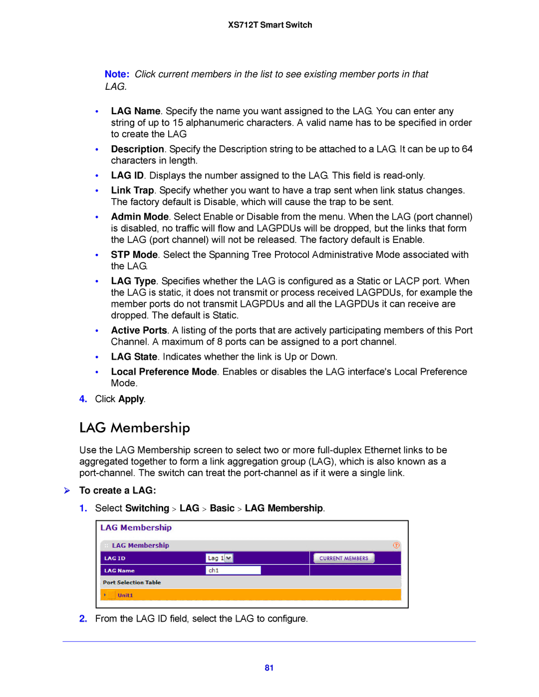 NETGEAR XS712T-100NES manual  To create a LAG Select Switching LAG Basic LAG Membership 