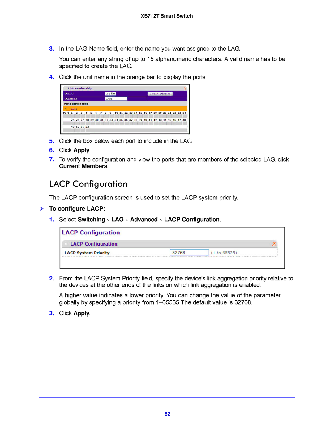 NETGEAR XS712T-100NES manual Lacp Configuration 