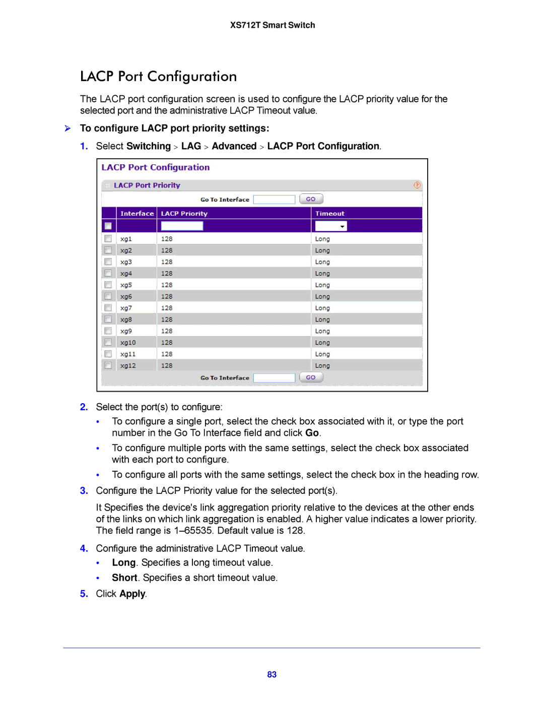 NETGEAR XS712T-100NES manual Lacp Port Configuration 