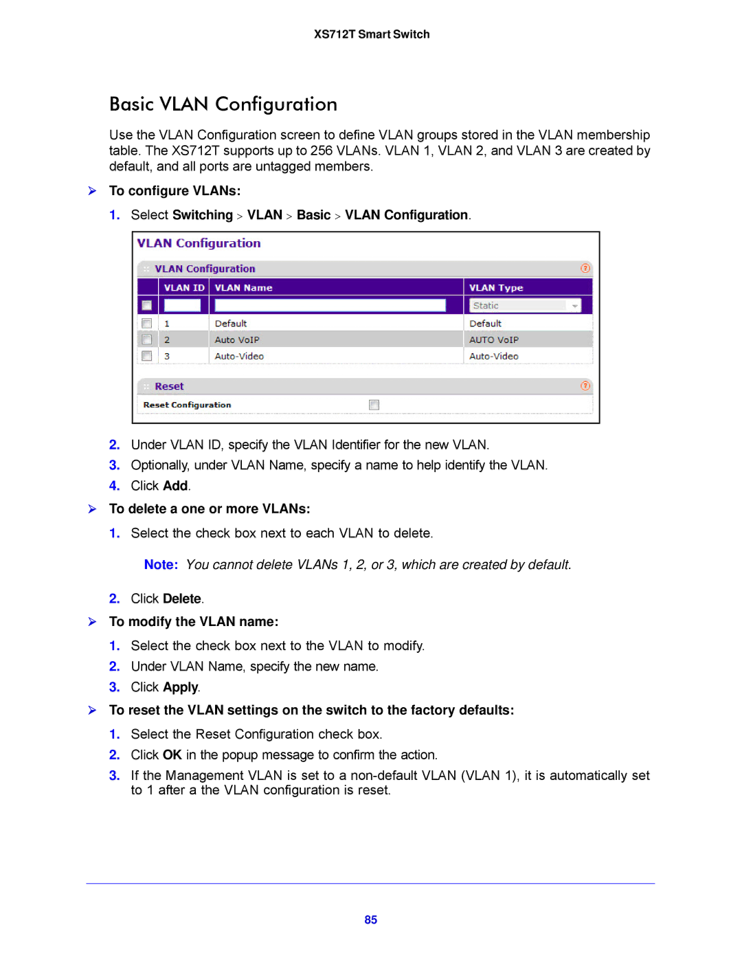 NETGEAR XS712T-100NES manual Basic Vlan Configuration,  To delete a one or more VLANs,  To modify the Vlan name 