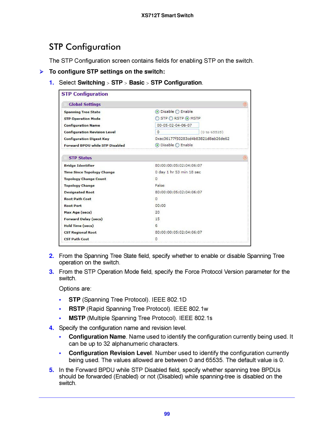 NETGEAR XS712T-100NES manual STP Configuration 