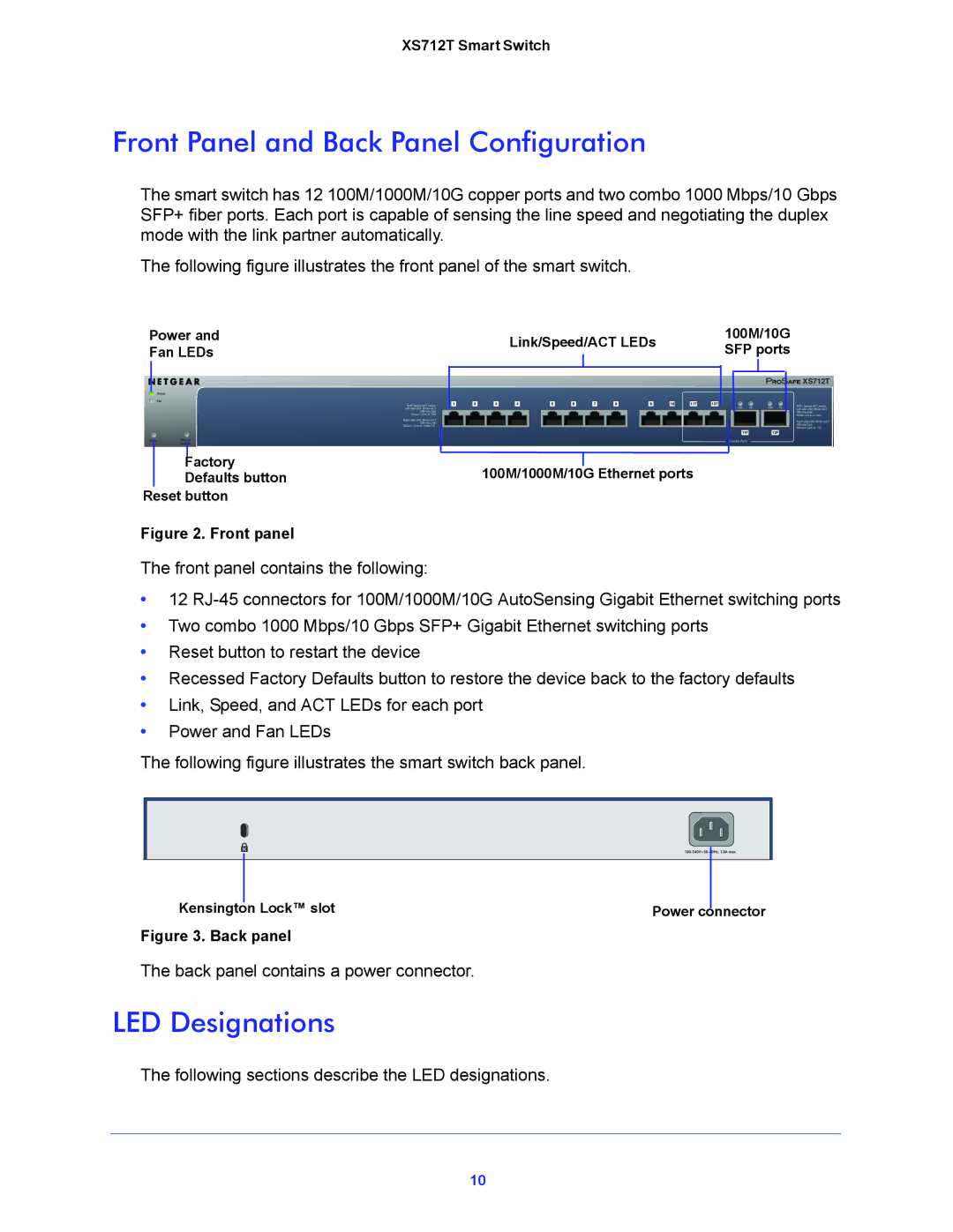 NETGEAR XS712T manual Front Panel and Back Panel Configuration, LED Designations 