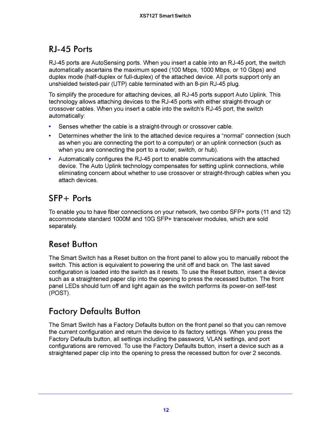 NETGEAR XS712T manual RJ-45 Ports, SFP+ Ports, Reset Button, Factory Defaults Button 