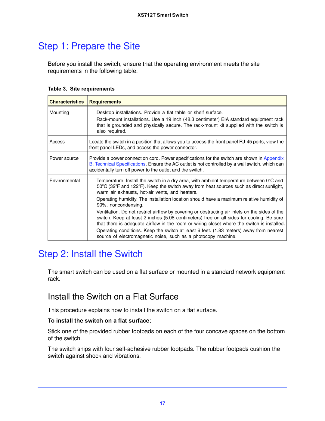 NETGEAR XS712T manual Prepare the Site, Install the Switch on a Flat Surface,  To install the switch on a flat surface 