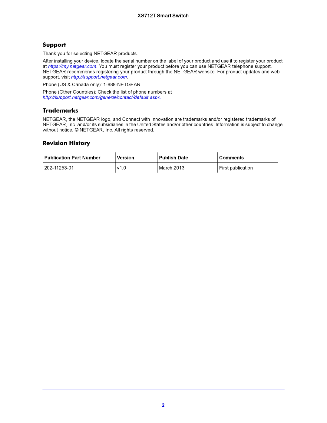 NETGEAR XS712T manual Support, Trademarks, Revision History 