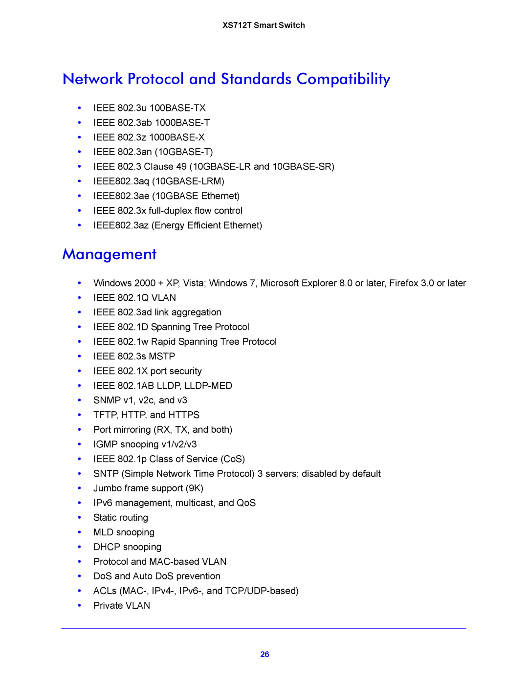 NETGEAR XS712T manual Network Protocol and Standards Compatibility, Management 