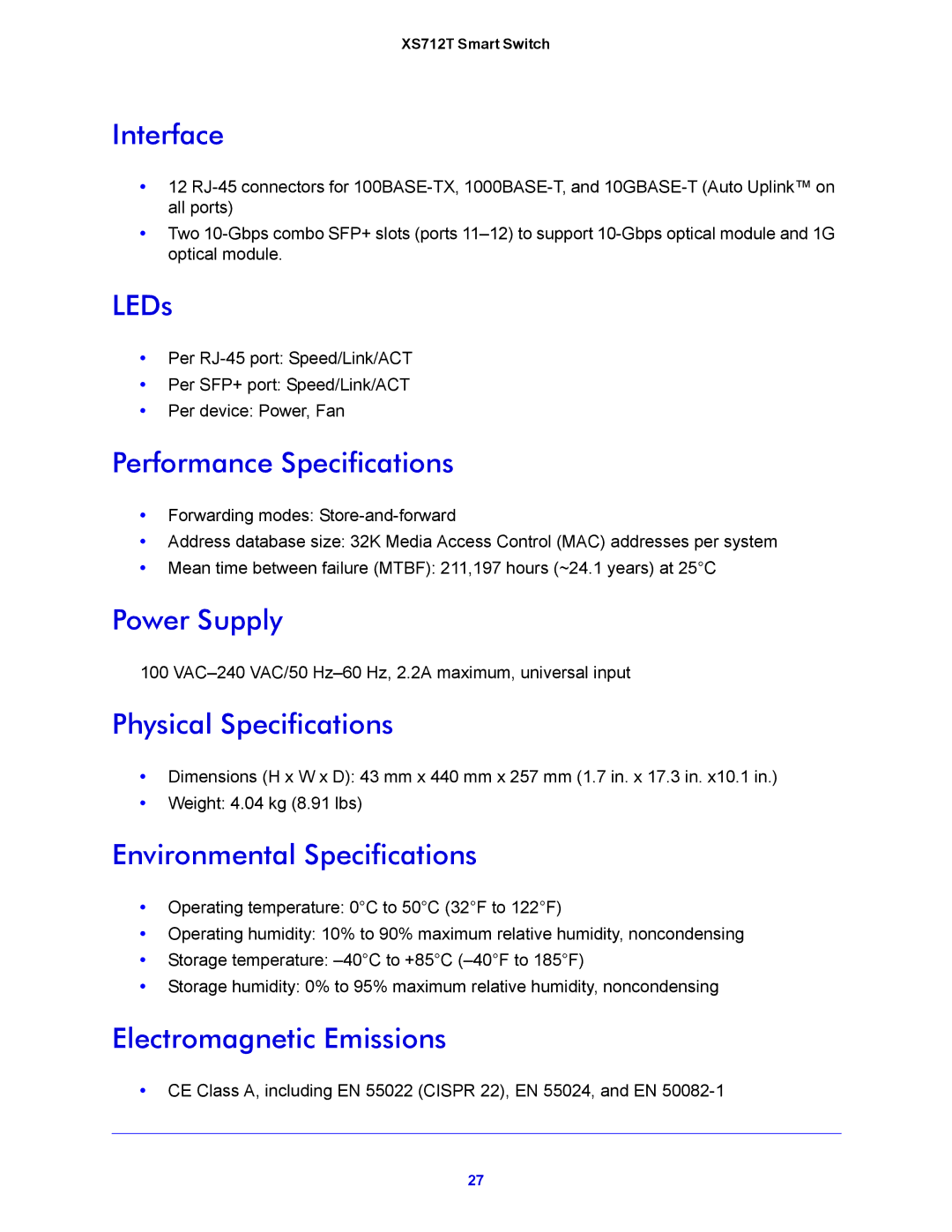 NETGEAR XS712T manual Interface, LEDs, Performance Specifications, Power Supply, Physical Specifications 