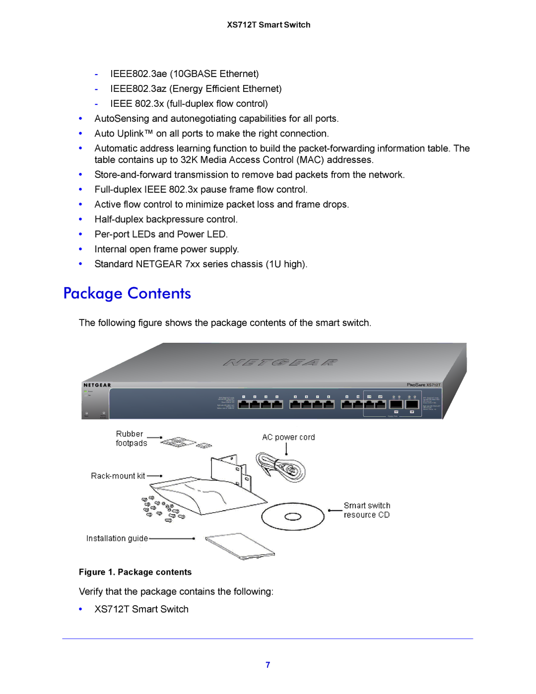 NETGEAR XS712T manual Package Contents 