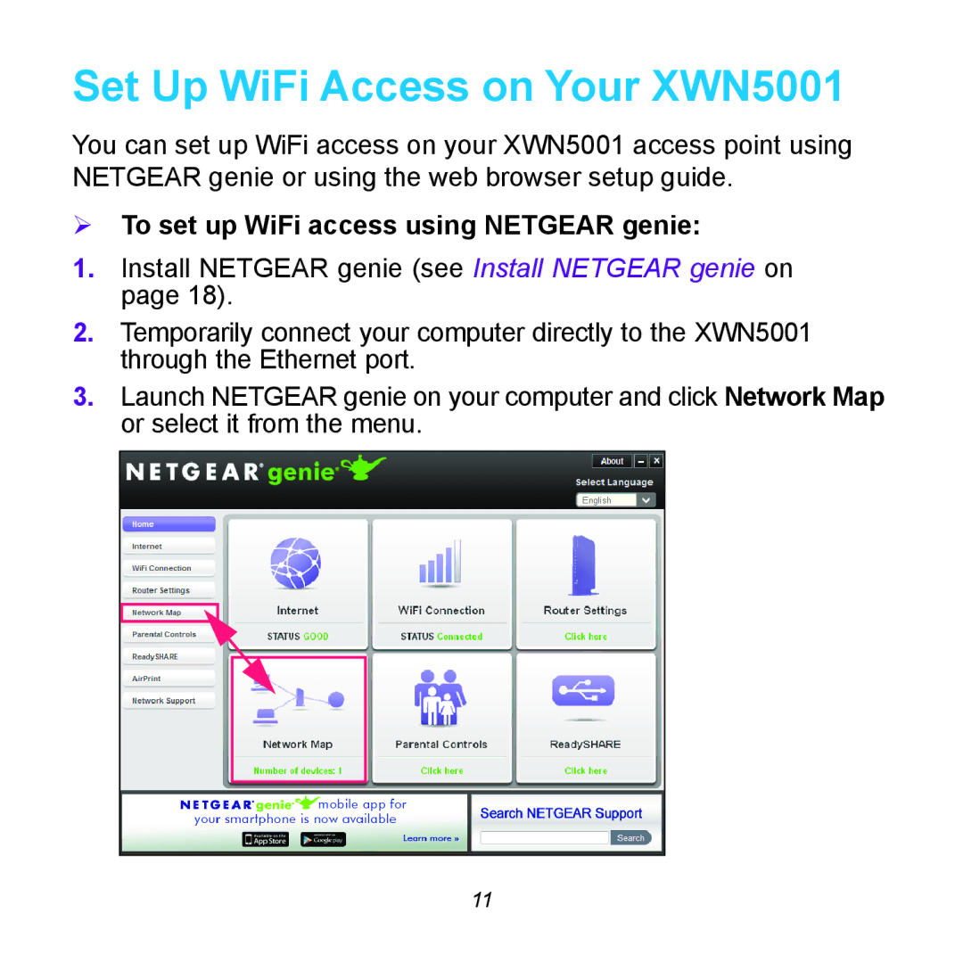 NETGEAR XWNB5602 manual Set Up WiFi Access on Your XWN5001,  To set up WiFi access using Netgear genie 