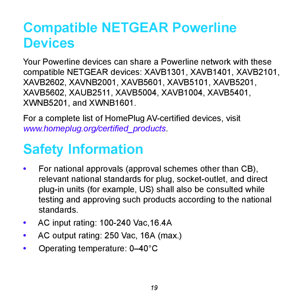 NETGEAR XWNB5602 manual Compatible Netgear Powerline Devices, Safety Information 