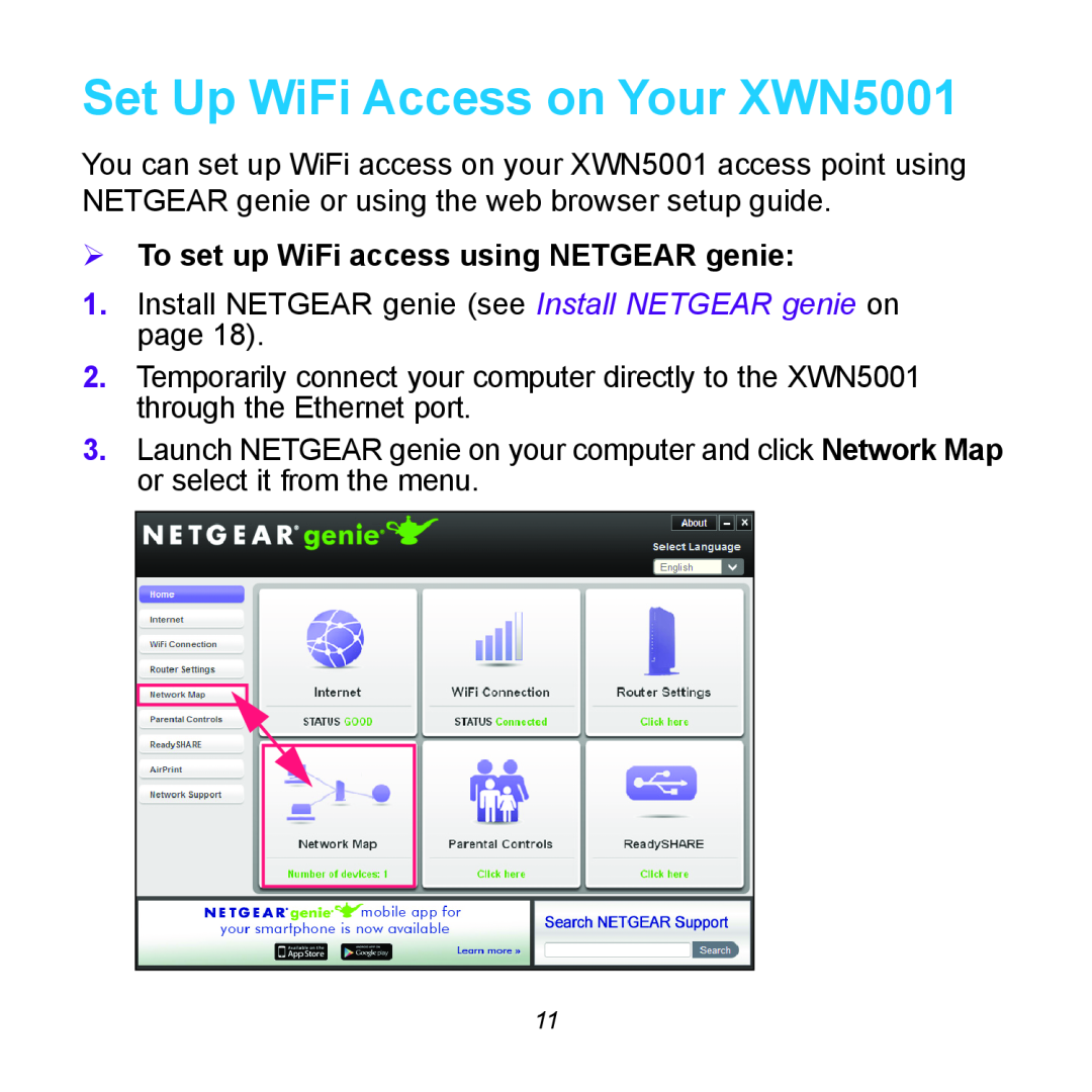 NETGEAR XWNB5602 manual Set Up WiFi Access on Your XWN5001,  To set up WiFi access using NETGEAR genie 