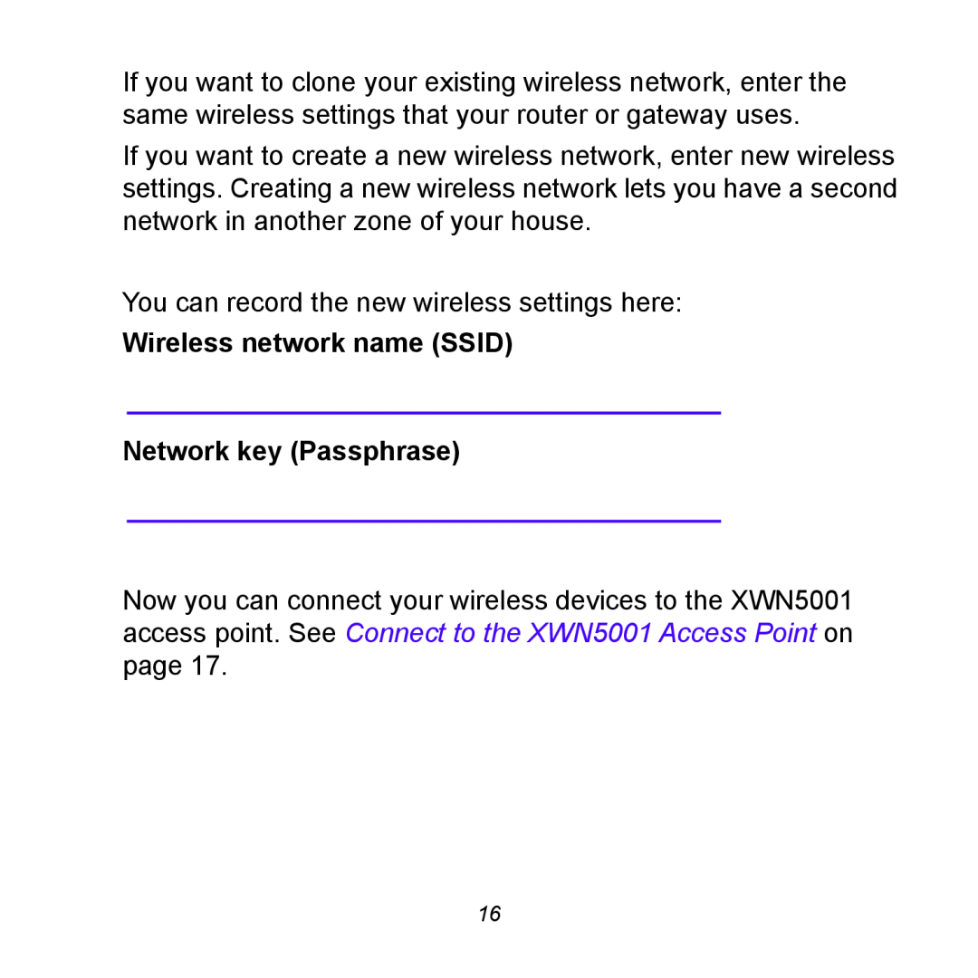 NETGEAR XWNB5602 manual Wireless network name SSID Network key Passphrase 